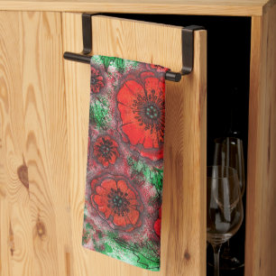 Red Poppies Field Watercolor Botanical Line Art Ki Tea Towel