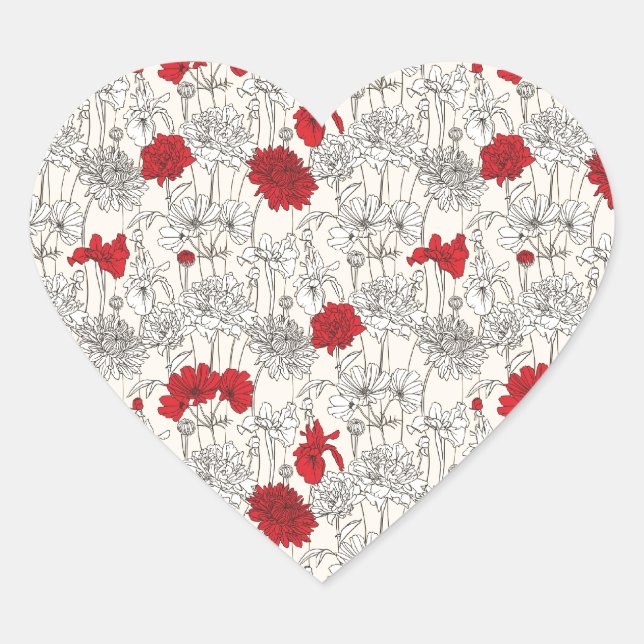 Red Poppies Floral Heart Sticker (Front)