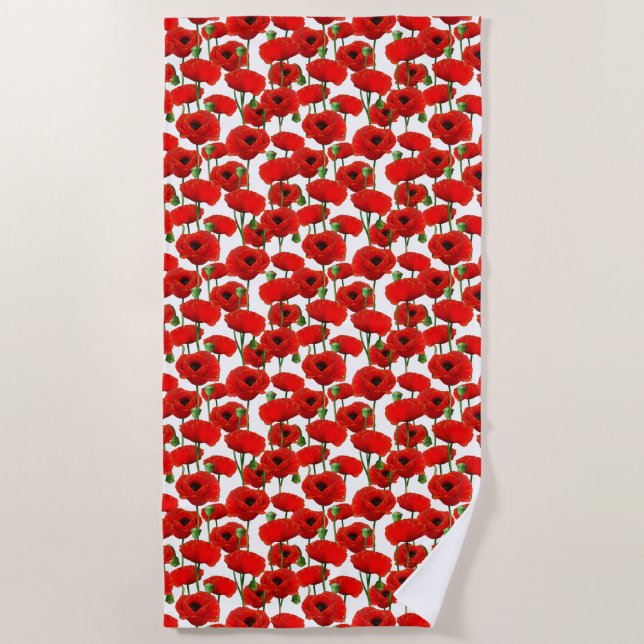 Red Poppies Floral Pattern Beach Towel (Front)