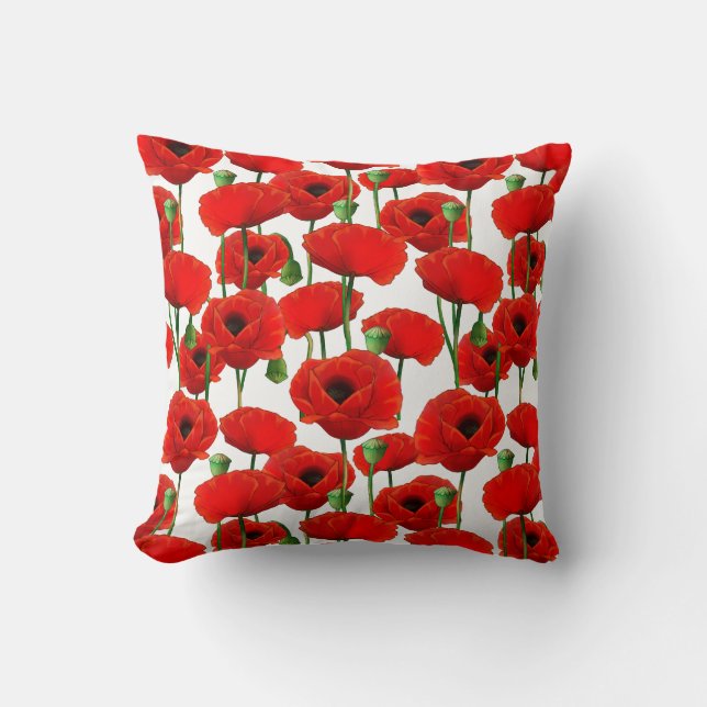 Red Poppies Floral Pattern Cushion (Front)