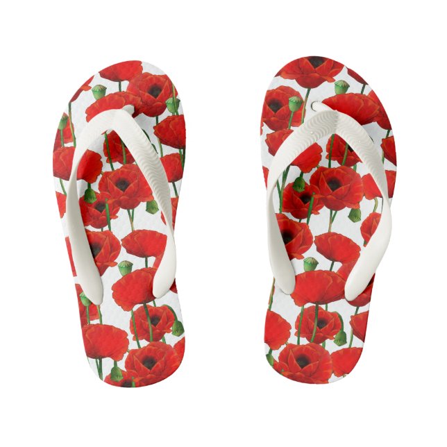 Red Poppies Floral Pattern Kid's Thongs (Footbed)