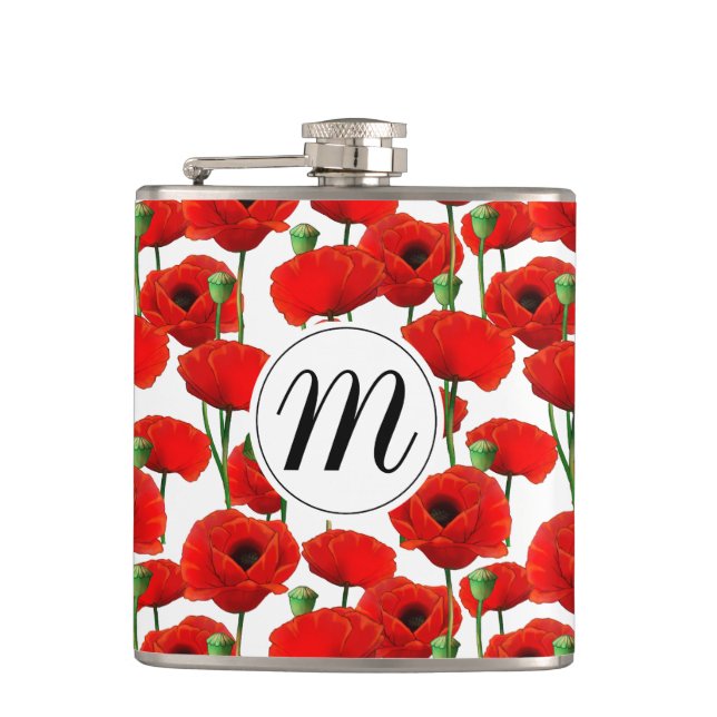Red Poppies Floral Pattern & Monogram Hip Flask (Front)