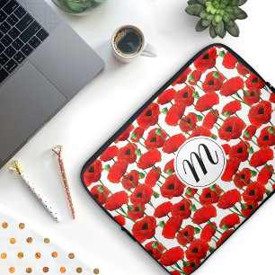 Red Poppies Floral Pattern & Monogram Laptop Sleeve
