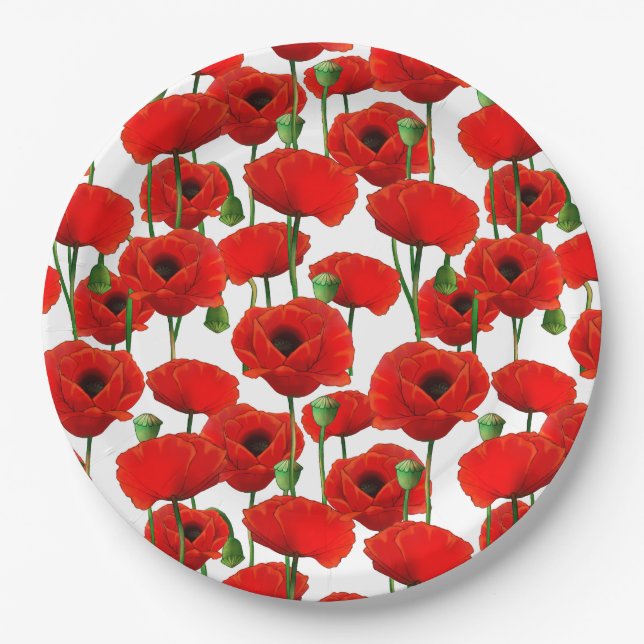 Red Poppies Floral Pattern Paper Plate (Front)