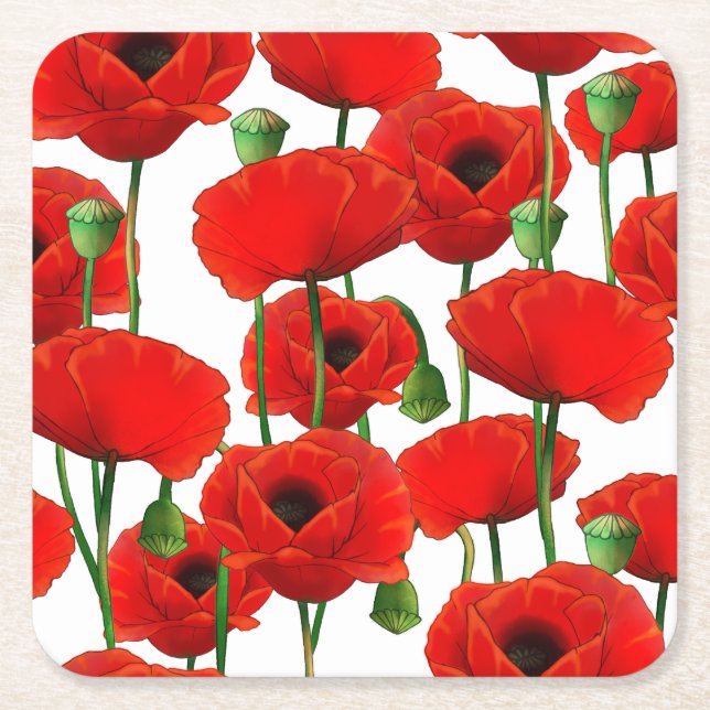 Red Poppies Floral Pattern Square Paper Coaster (Front)