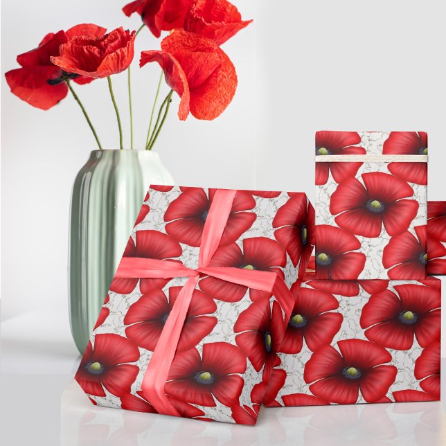 Red Poppies Floral Pattern White Marble Gift Wrap (A pretty poppy pattern wrapping paper just for you)