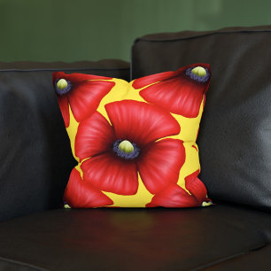 Red Poppies Floral Pattern Yellow Throw Pillow