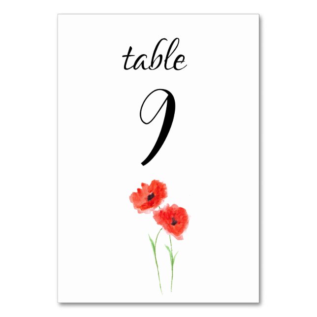 Red Poppies Floral Poppy Flowers Wedding Table Number (Back)