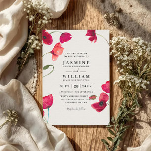 Red Poppies Floral Romantic Chic QR Code Wedding Invitation