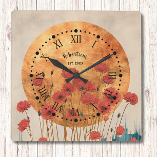 Red Poppies Floral Rustic Monogram Wall Clock