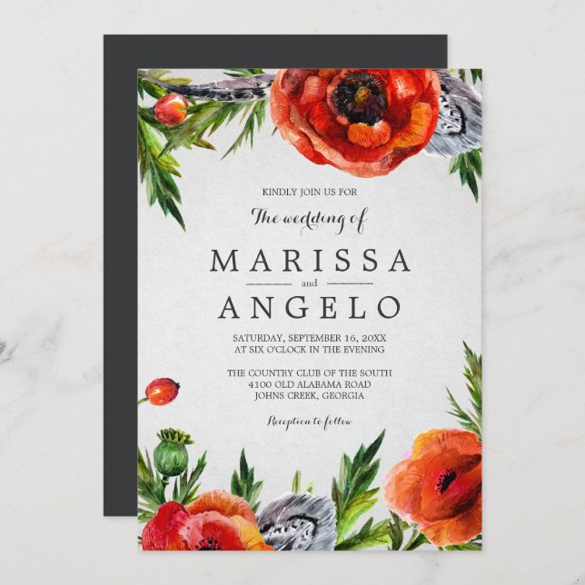 Red Poppies Floral Watercolor Wedding | Grey Back Invitation (Front/Back)