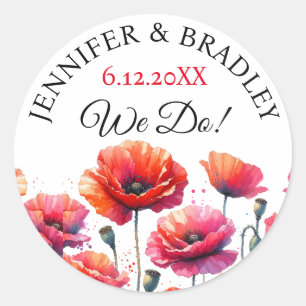 Red Poppies Floral Wedding Classic Round Sticker