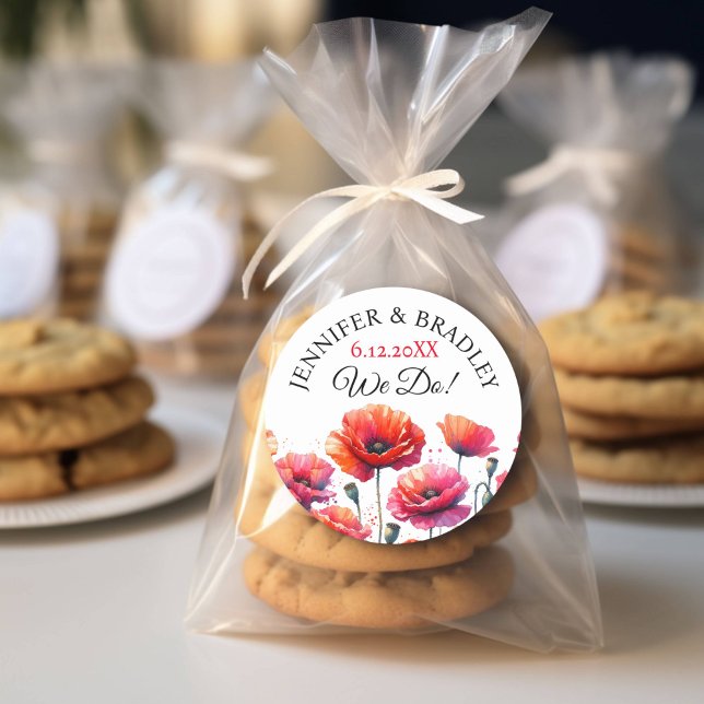 Red Poppies Floral Wedding  Classic Round Sticker (Creator Uploaded)