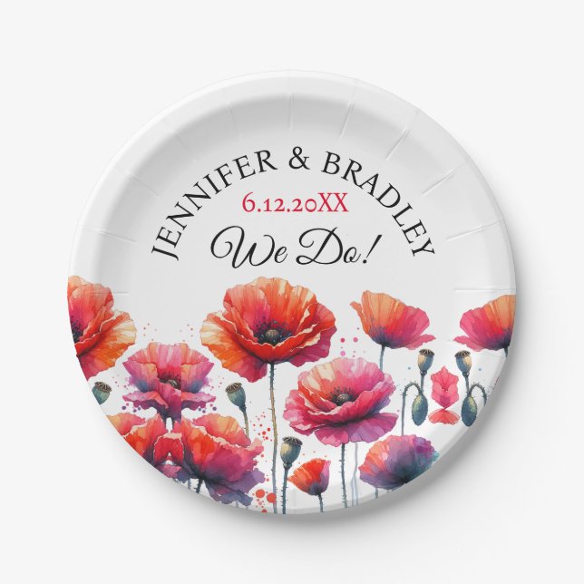 Red Poppies Floral Wedding  Paper Plate (Front)