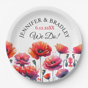 Red Poppies Floral Wedding  Paper Plate