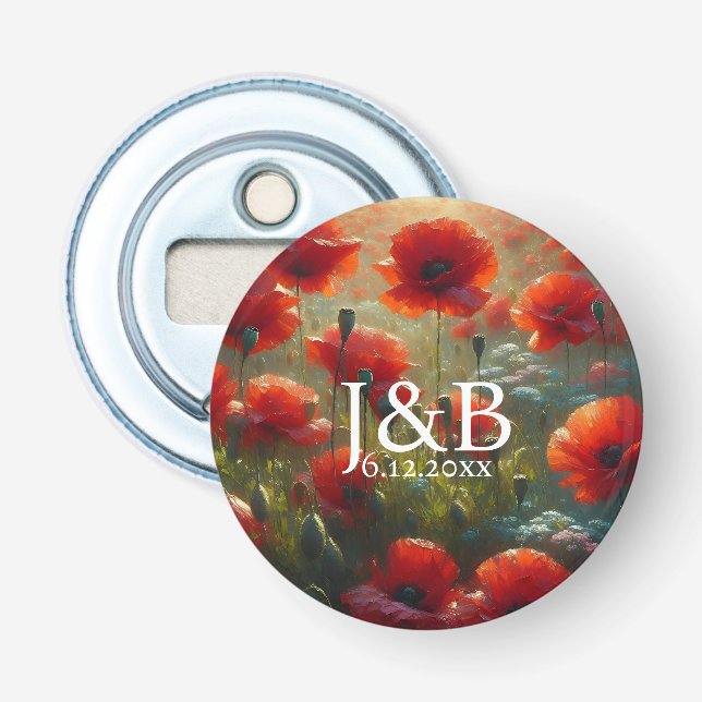 Red Poppies Floral Wedding Personalised Bottle Opener (Front)