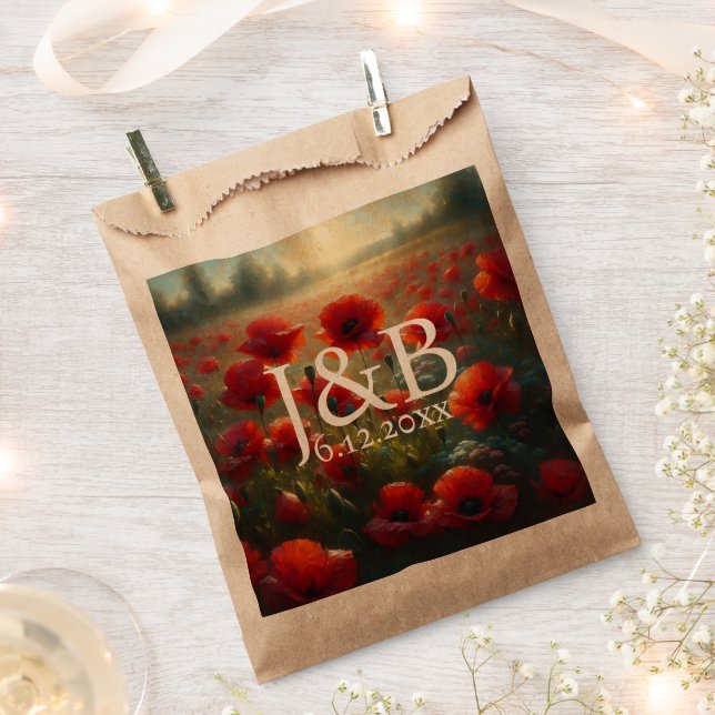 Red Poppies Floral Wedding Personalised Favour Bag (Clipped)