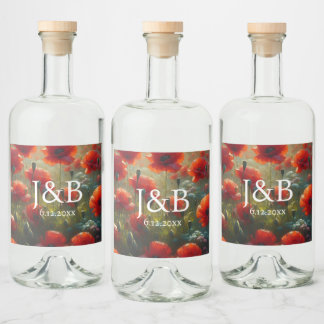 Red Poppies Floral Wedding Personalised Liquor Bottle Label