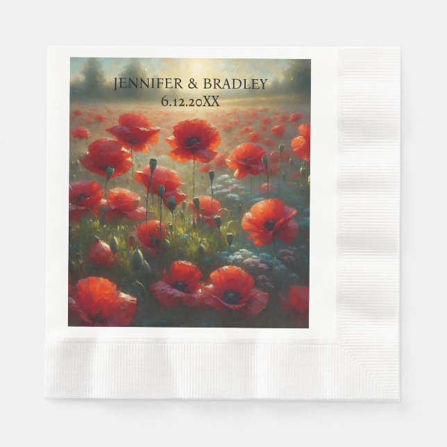 Red Poppies Floral Wedding Personalised Napkin (Front)