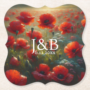 Red Poppies Floral Wedding Personalised Paper Coaster