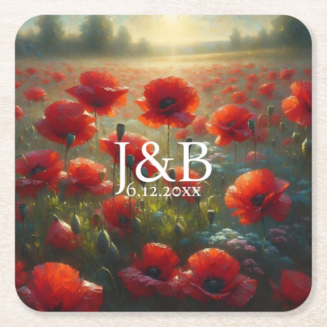 Red Poppies Floral Wedding Personalised Square Paper Coaster (Front)