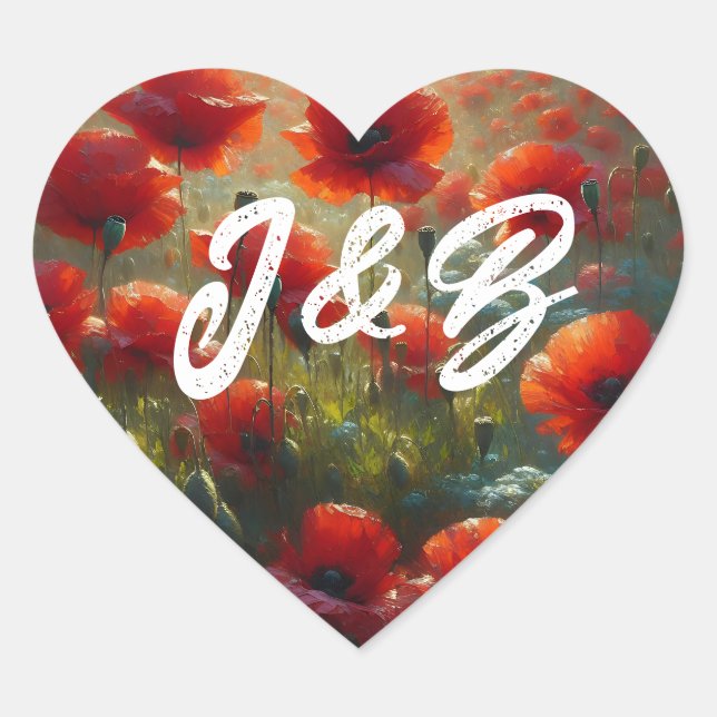 Red Poppies Floral Wedding Welcome Heart Sticker (Front)