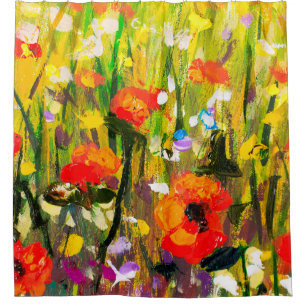 Red poppies flower field - Original handmade abstr Shower Curtain