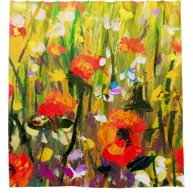 Red poppies flower field - Original handmade abstr Shower Curtain (Front)