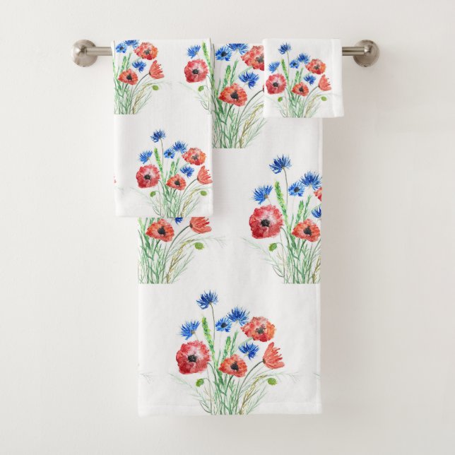 Red Poppies Flowers Blue Cornflowers Floral Fresh Bath Towel Set (Insitu)