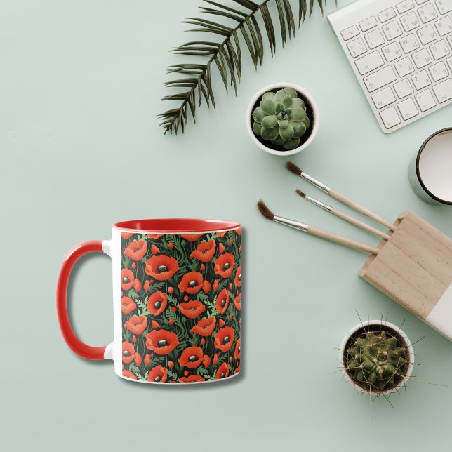 Red Poppies Flowers Floral Greenery All over print Mug (Red Floral Flowers Poppies Greenery Colored Handle Coffee Mug.)