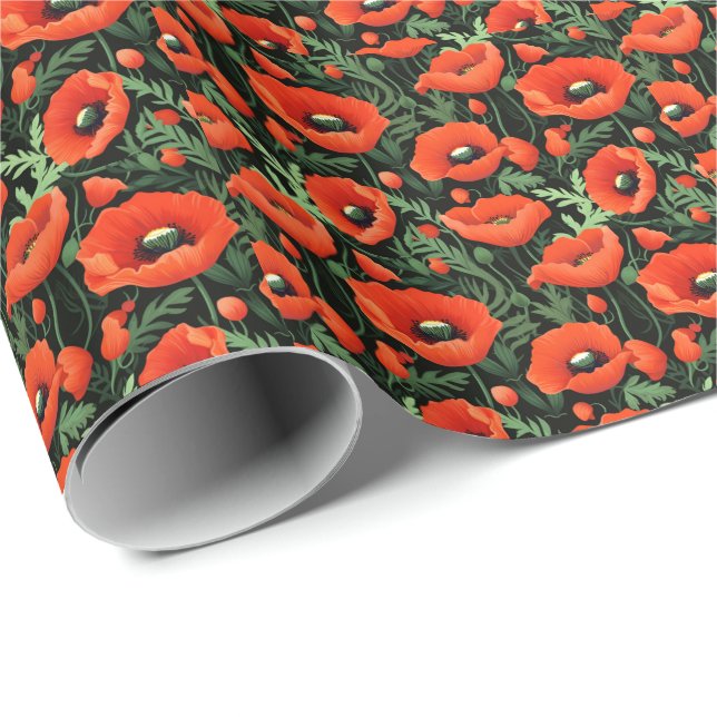 Red Poppies Flowers Floral Greenery Birthday  Wrapping Paper (Roll Corner)