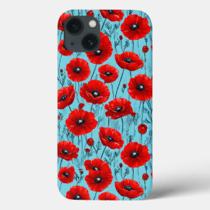 Red poppies flowers on a blue background iPhone 13 case