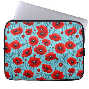 Red poppies flowers on a blue background laptop sleeve
