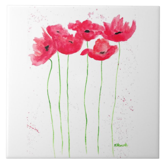 Red poppies flowers trendy traditional flowers  ceramic tile (Front)