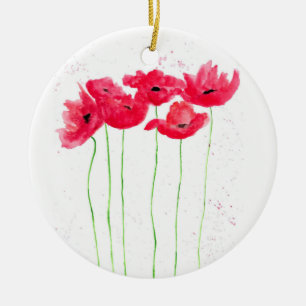 Red poppies flowers watercolor Floral Nature art Ceramic Ornament