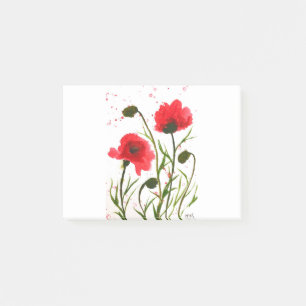 Red poppies flowers watercolor rustic chic post-it notes