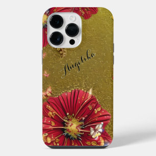 Red Poppies Gold Glitters Custom Name iPhone 14 Pro Max Case
