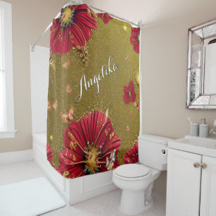 Red Poppies Gold Glitters Custom Name Shower Curtain