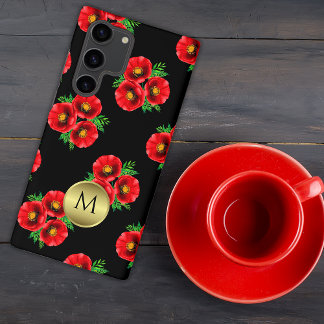 Red Poppies Gold Monogram  Samsung Galaxy Case