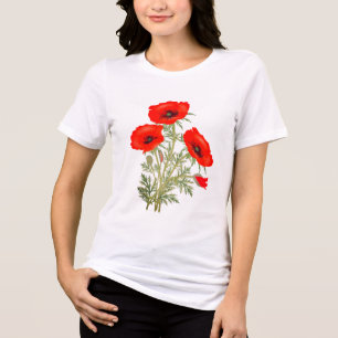 Red Poppies Green Stems Floral Tri Blend Shirt