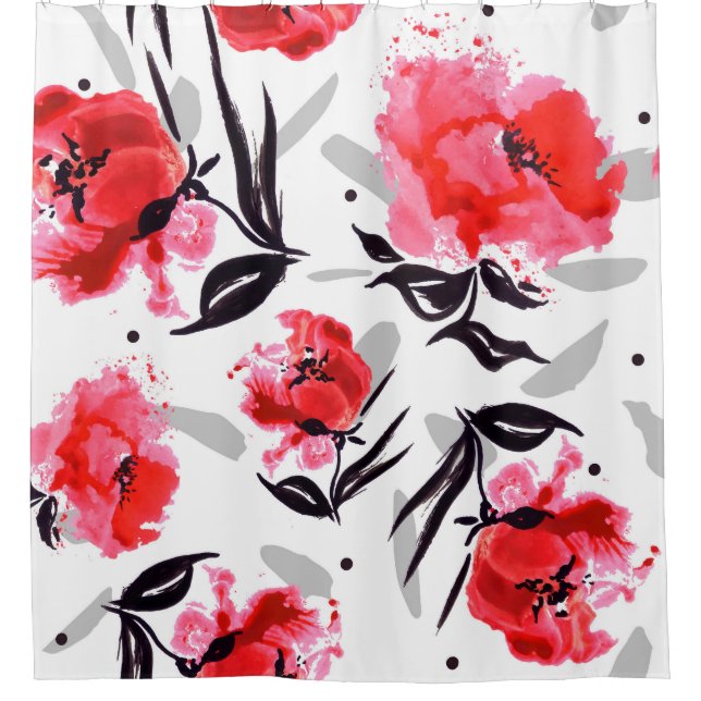 Red Poppies, Grey Stripes Pattern. Shower Curtain (Front)