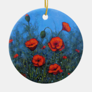 Red Poppies, Hand Painted, Floral Art Ceramic Tree Decoration