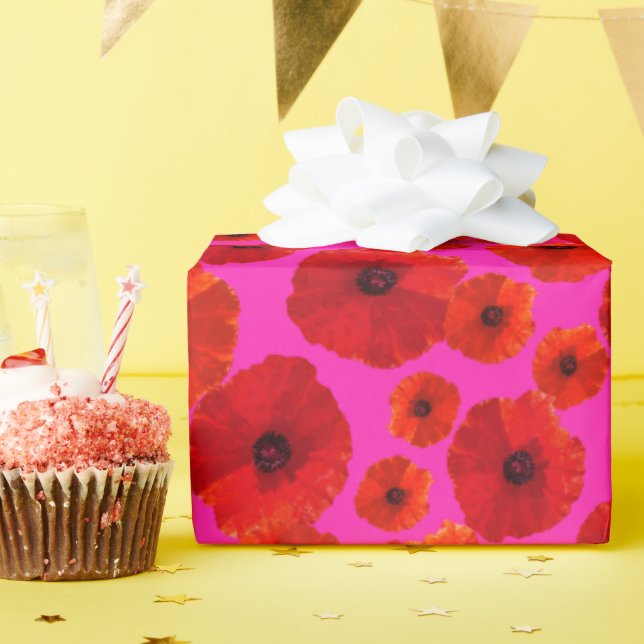 Red Poppies Hot Pink Patterned Birthday  Wrapping Paper (Birthday Party)