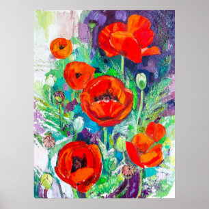 Red Poppies Impasto Oil Painting Style Poster