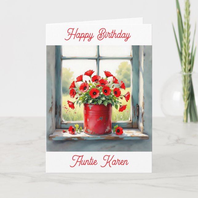 Red Poppies in a Coffee Tin Personalised Birthday  Card (Front)