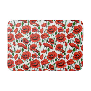 Red Poppies in a Field on White Bath Mat