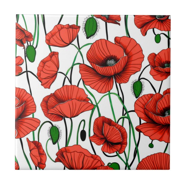 Red Poppies in a Field on White Ceramic Tile (Front)
