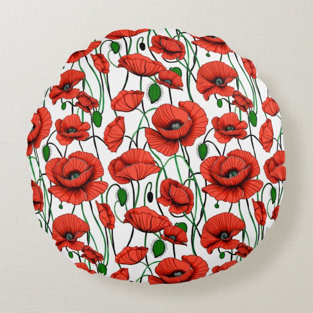Red Poppies in a Field on White Round Cushion (Front)