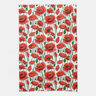 Red Poppies in a Field on White Tea Towel