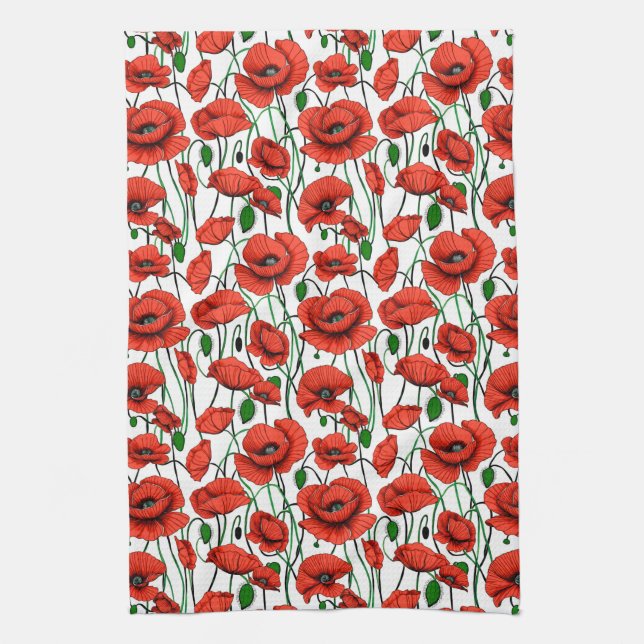 Red Poppies in a Field on White Tea Towel (Vertical)